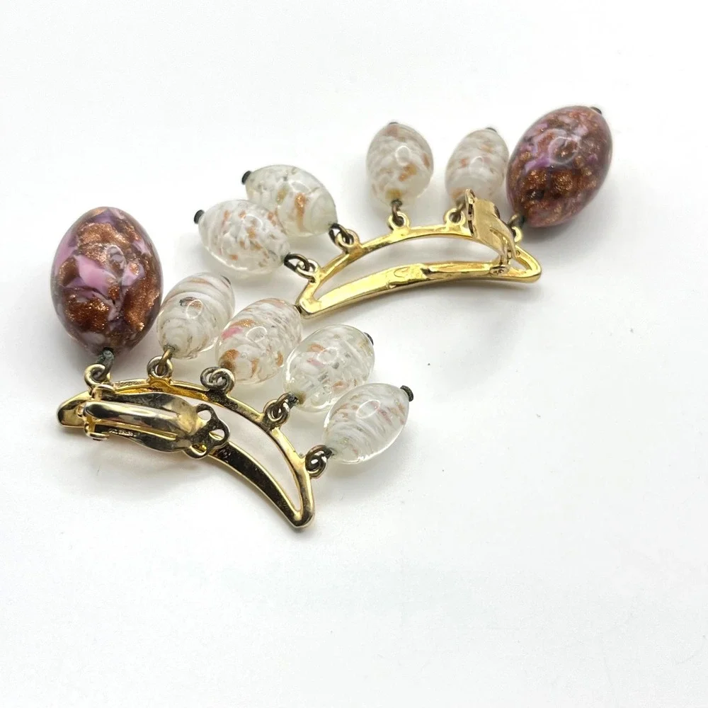 Schiaparelli Vintage Art Glass Clip On Earrings Gold Tone Pink Purple Speckled